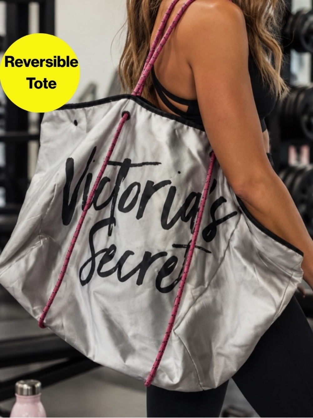 2/for $20 🪩 VICTORIA’S SECRET Reversible Tote with Hot Pink Rope Handles